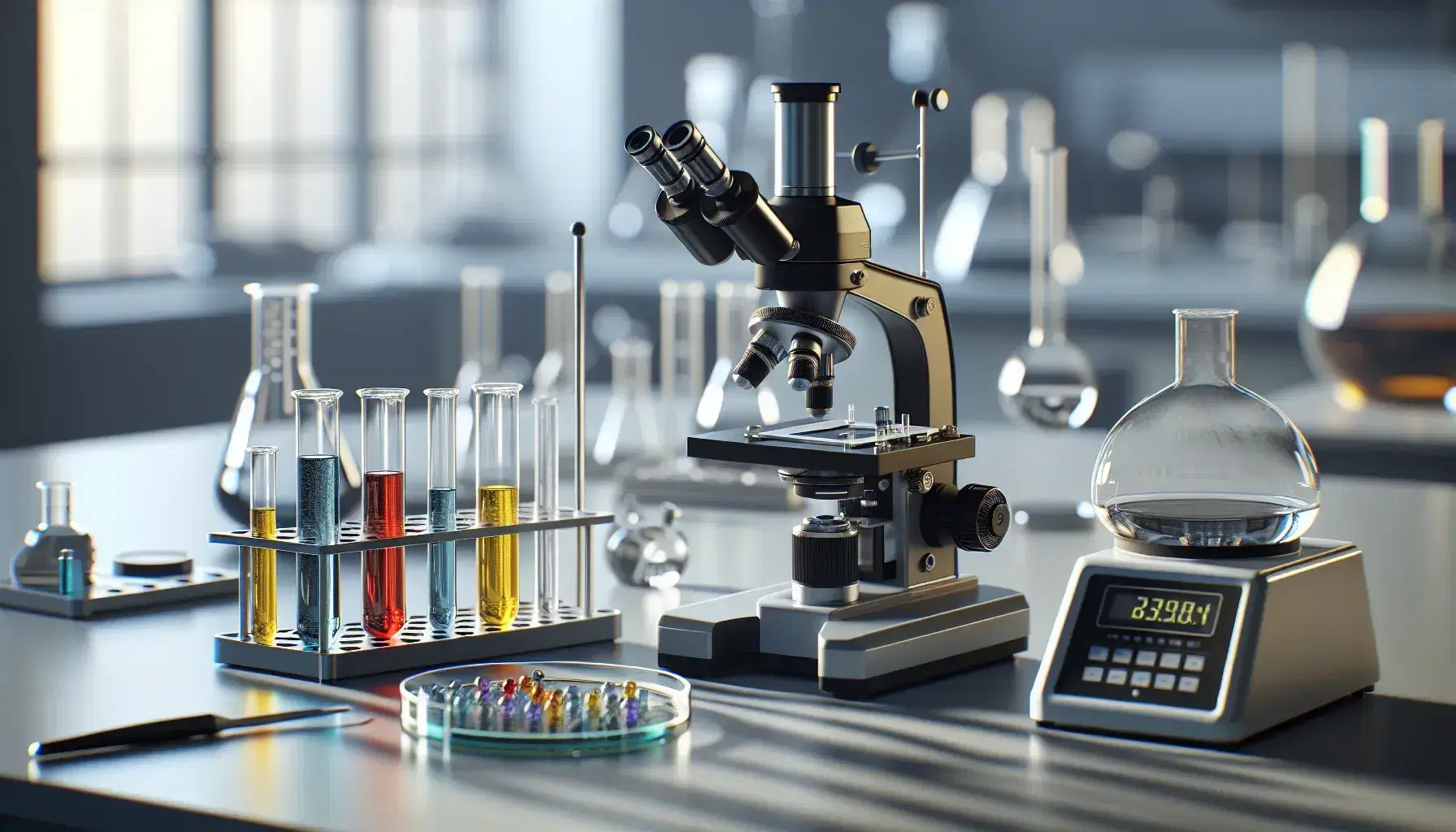 Mesa de laboratorio científico con microscopio negro y plateado al centro, tubos de ensayo con líquidos de colores y plato de Petri, balanza analítica al fondo.
