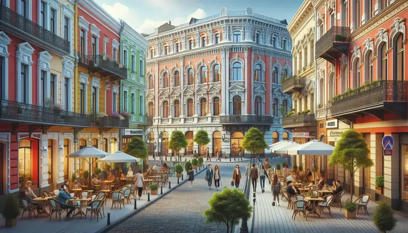 Strada urbana pittoresca con edifici storici colorati, persone che passeggiano e caffè all'aperto, in un'atmosfera accogliente.