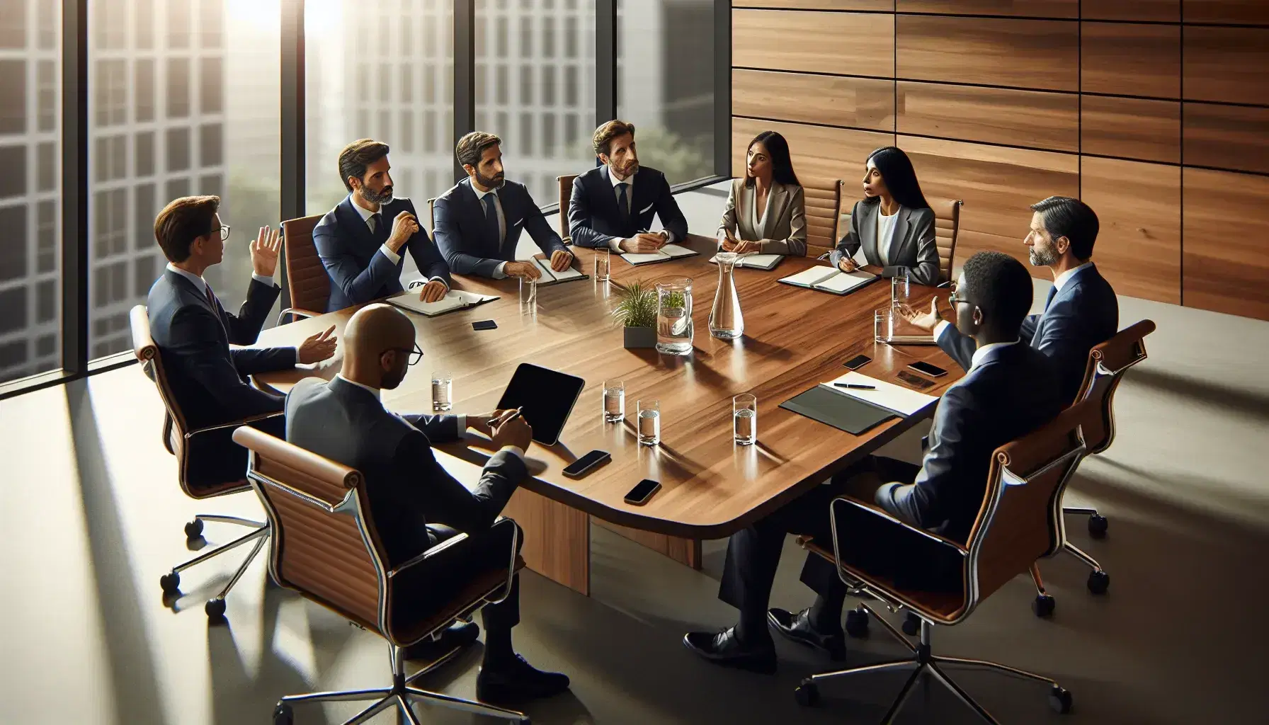 Diverse professionals in a meeting around an oval table with a water pitcher, smartphones, and tablets, in a bright room with large windows.