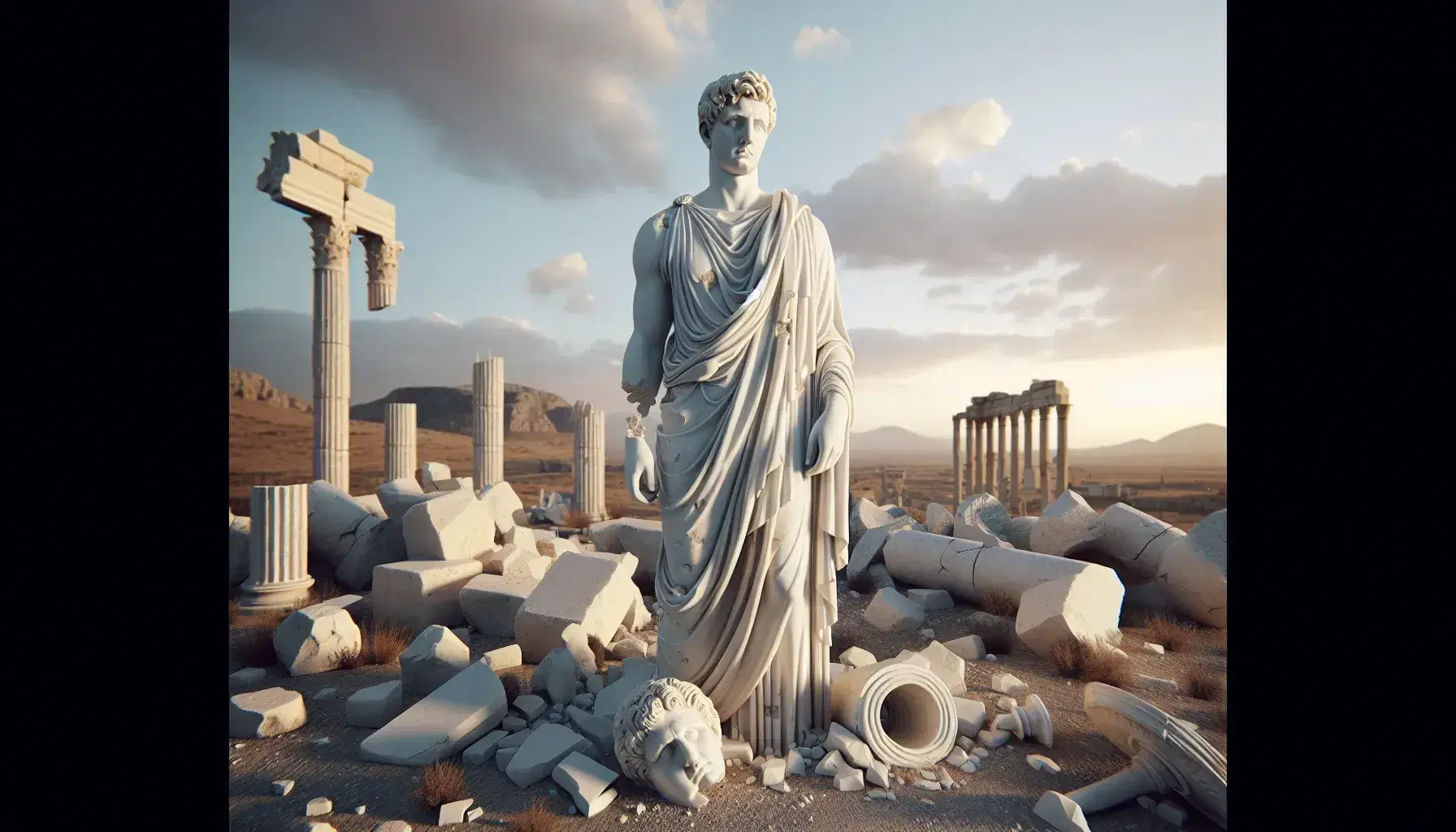 Statua in marmo bianco erosa e mancante di naso e braccia, in abiti classici, con sfondo di rovine antiche e cielo azzurro.