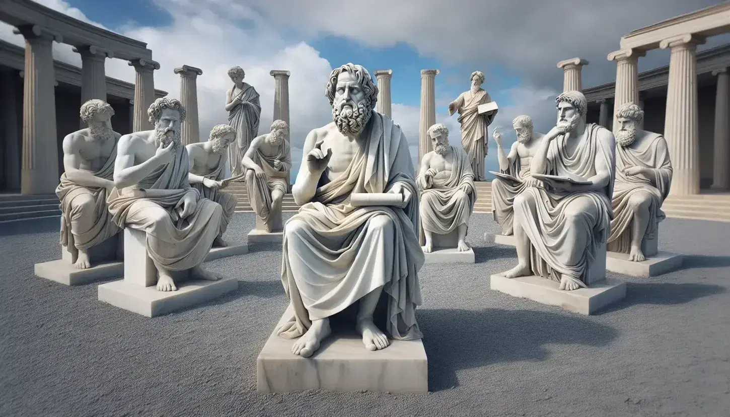Grupo de estatuas de mármol blanco de filósofos antiguos en semicírculo, con una figura central barbada y togada extendiendo la mano y sosteniendo un papiro, rodeada de columnas dóricas bajo un cielo azul.