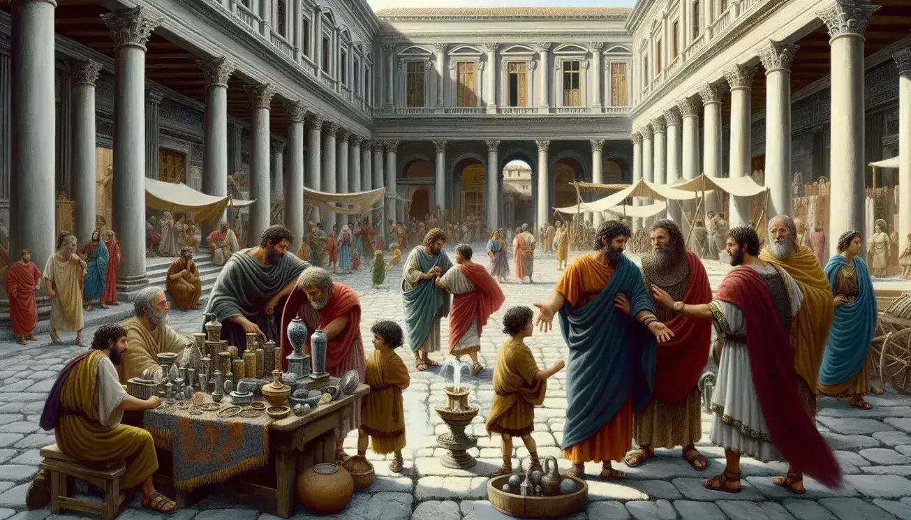 Scena quotidiana in una piazza italiana con Romani e Ostrogoti: discussione tra uomini in tuniche, mercante con oggetti, giochi di bambini e fontana.