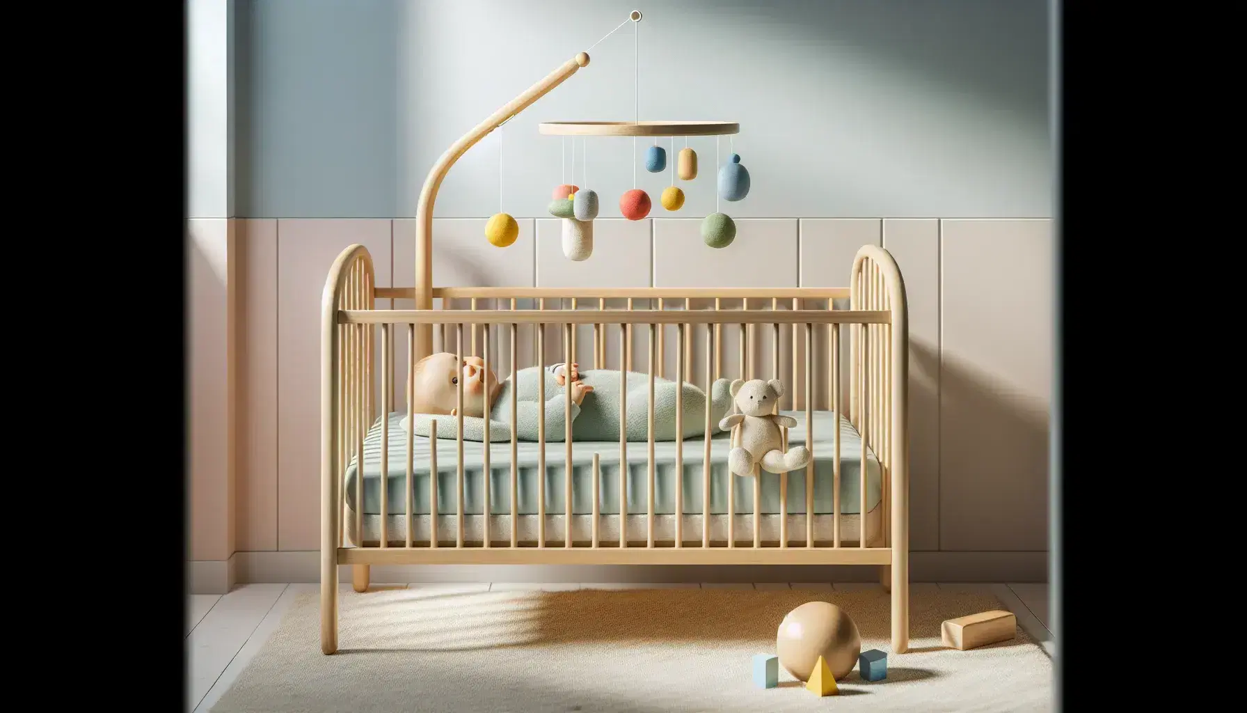 Quiet room with a wooden crib and a baby in a blue onesie looking at a colorful piece of furniture, a carpet with toys and a window with white curtains.