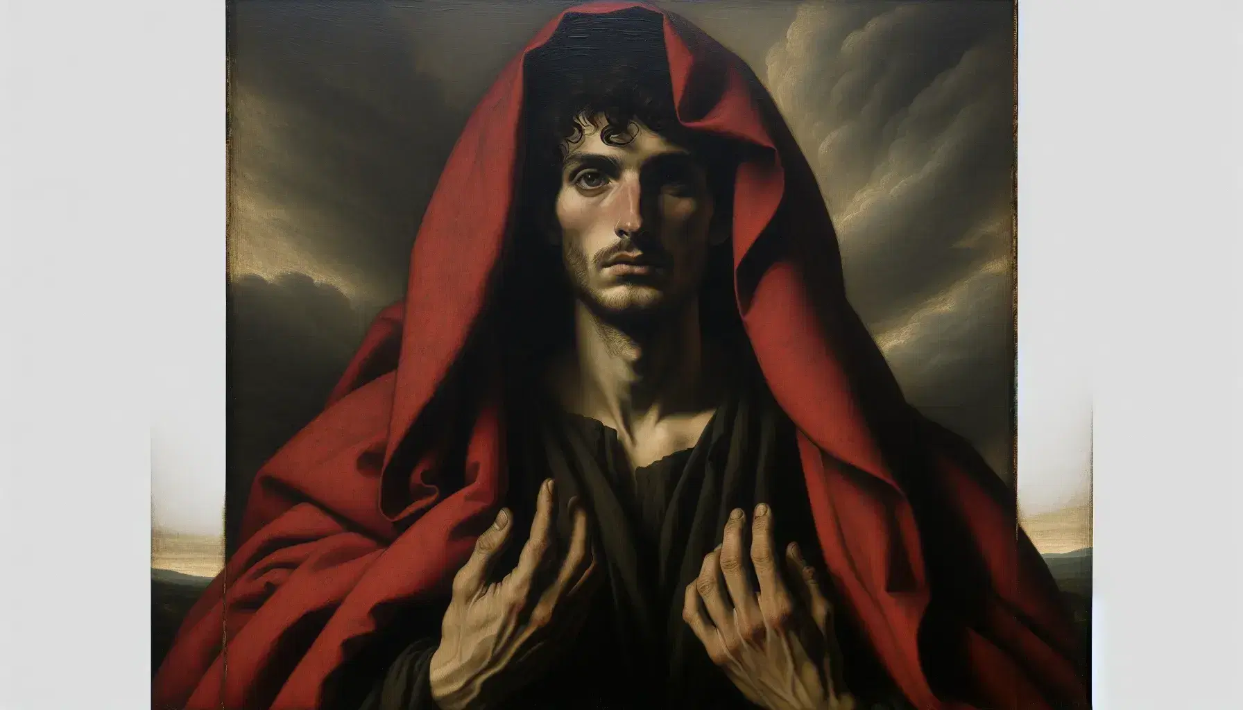 Retrato al estilo de El Greco de un hombre con manto rojo y túnica oscura, expresión emotiva y cielo tormentoso de fondo.