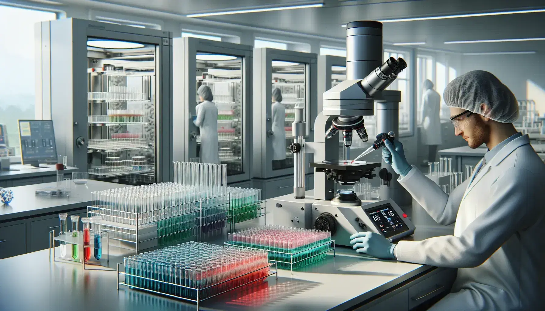 Laboratorio biotecnologico moderno con microscopio elettronico, provette colorate, tecnico al lavoro e incubatrici per colture cellulari.