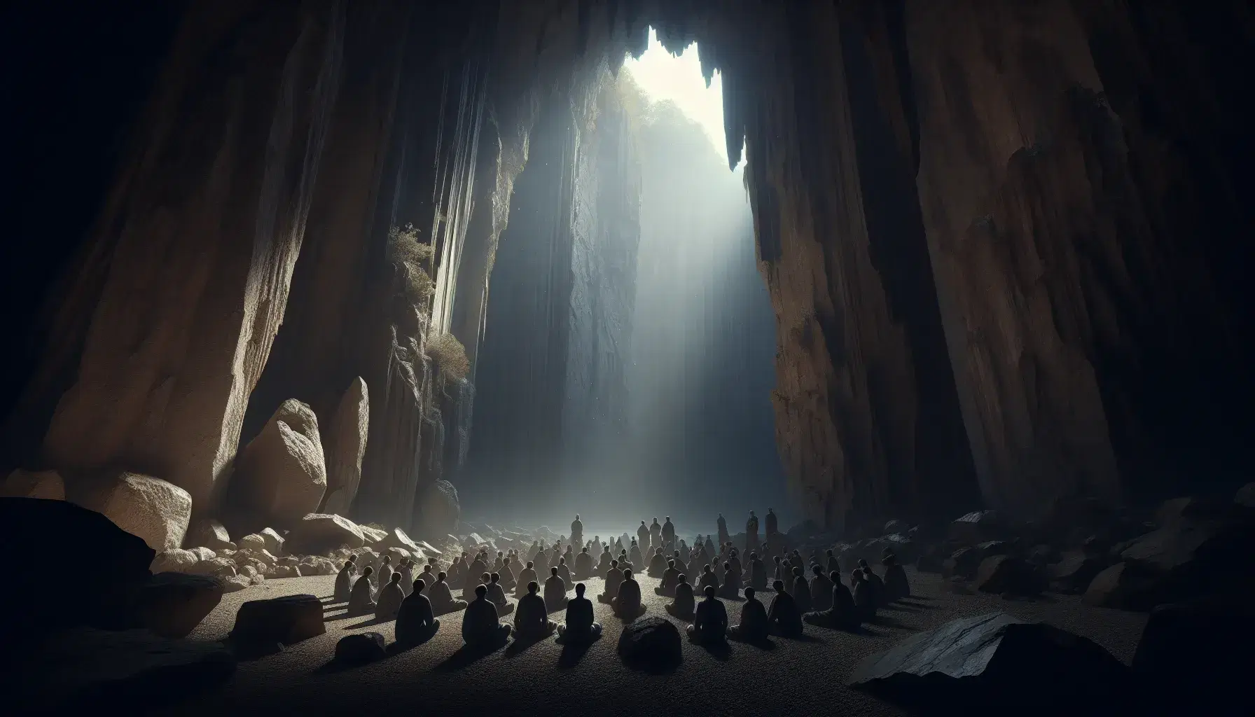 Caverna espaciosa con luz natural filtrándose por una abertura superior, paredes grises y marrones con estalactitas y suelo rocoso, grupo de personas sentadas observando sombras y figura solitaria mirando hacia el exterior con cielo azul.