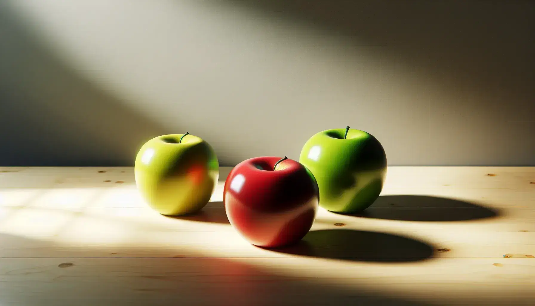 Tre mele di colori diversi, rosso, verde e giallo, allineate diagonalmente su un tavolo di legno chiaro con ombre nette.