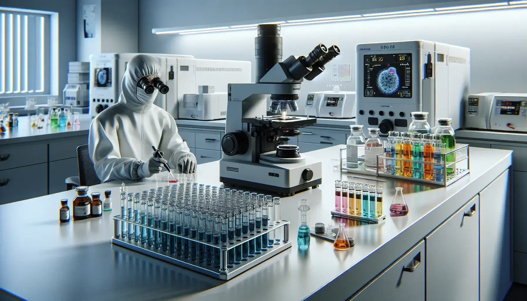 Laboratorio di ricerca biologica con microscopio elettronico, provette colorate, incubatrici e ricercatore al lavoro.