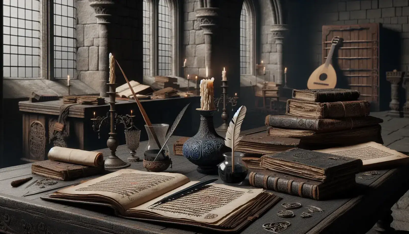 Studio medievale con tavolo in legno, manoscritti antichi, calamaio e penna d'oca, candelabro spento e liuto, finestra con vista su castello.