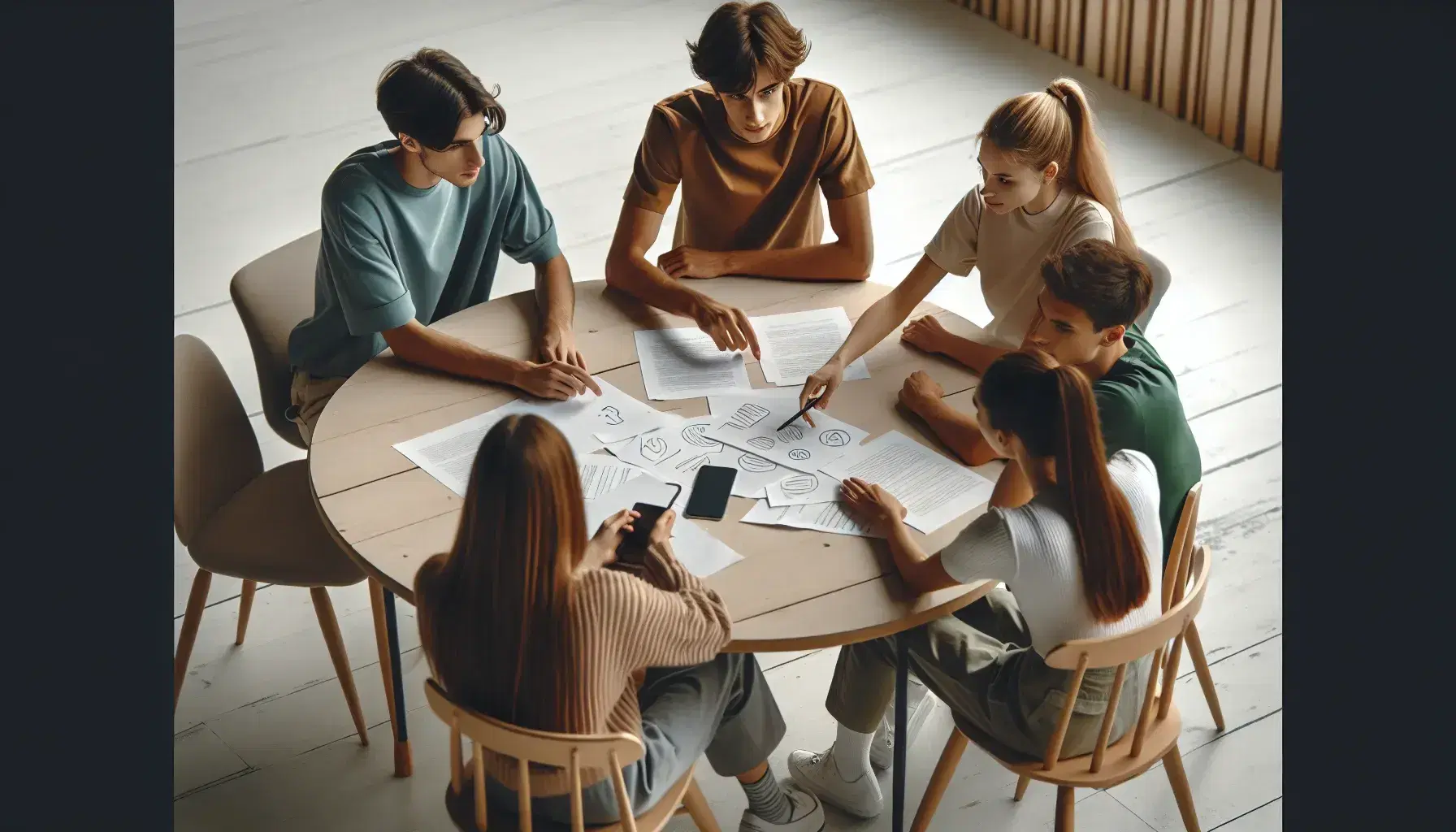 Grupo de cinco jóvenes en reunión de trabajo alrededor de una mesa redonda con papeles y discusión activa, en un ambiente iluminado naturalmente.