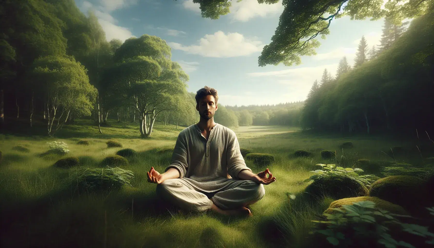 Uomo in posizione di loto meditando serenamente in un paesaggio naturale con alberi verdi e cielo azzurro.