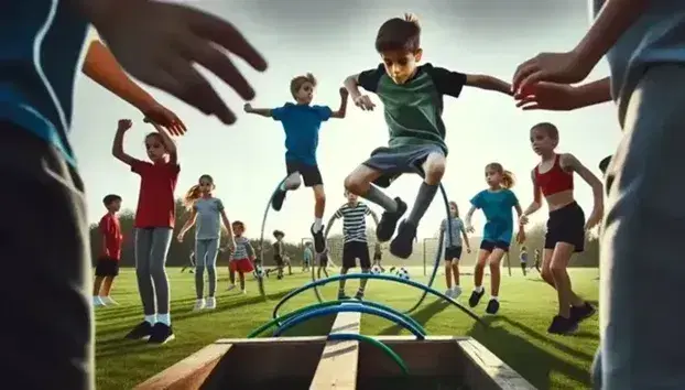 Niños de diversas edades realizando actividades físicas al aire libre, saltando aros, equilibrándose en vigas y jugando al fútbol en un campo verde.
