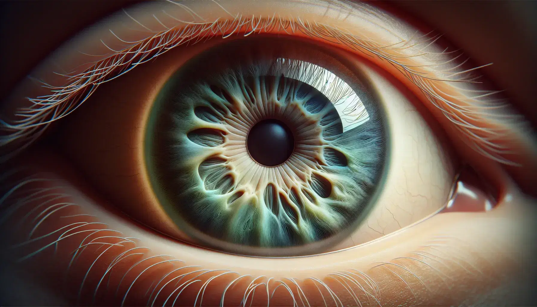 Primo piano di un occhio umano con iride blu-verde e pupilla dilatata, circondato da pelle liscia e ciglia sottili.