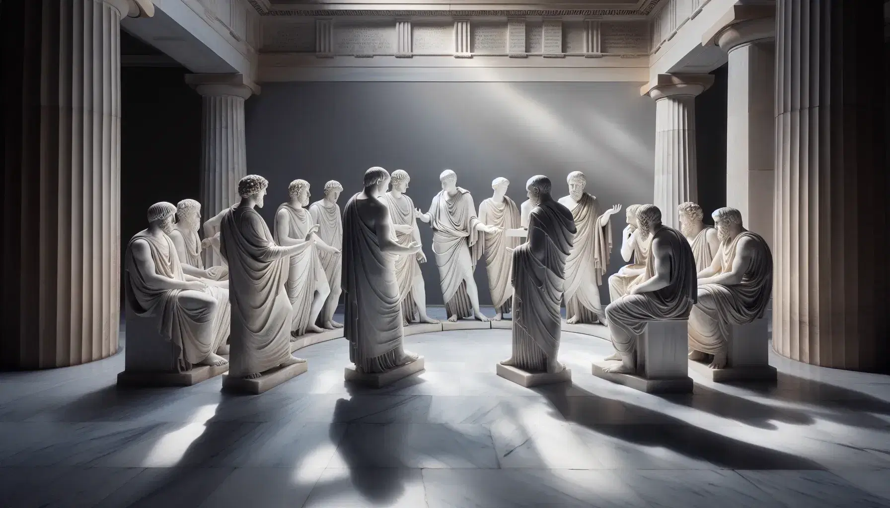 Estatuas de mármol de filósofos griegos antiguos en semicírculo, debatiendo con túnicas y pergaminos, bajo luz natural con columnas clásicas al fondo.