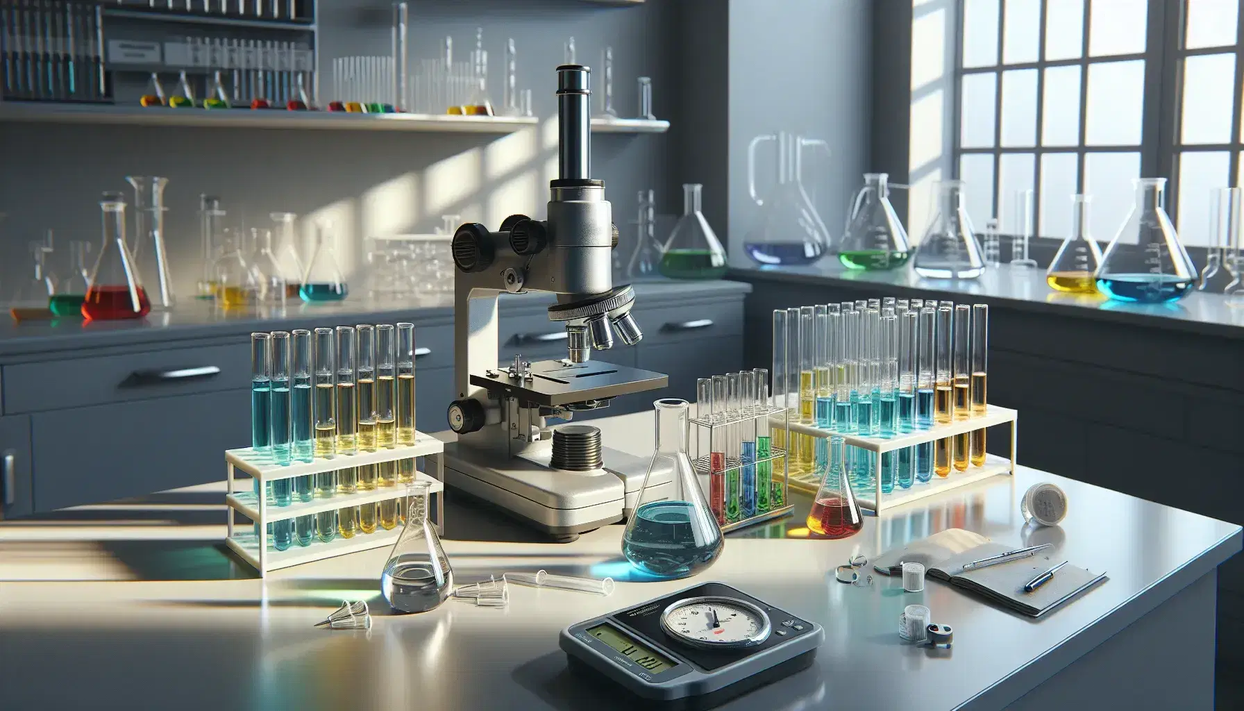 Laboratorio scientifico illuminato con microscopio argenteo, provette colorate in supporto bianco, bilancia analitica e cronometro parziale su tavolo chiaro.