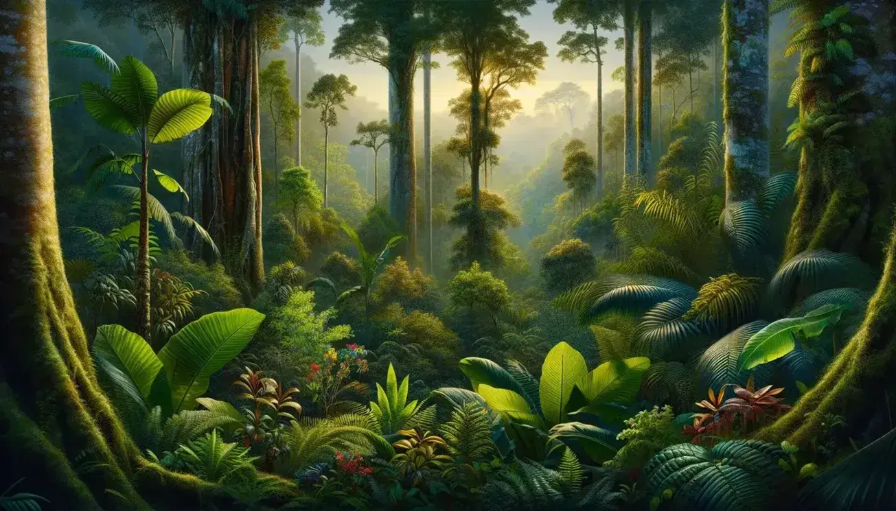 Lush rainforest landscape at sunrise with green foliage, colorful flowers, mossy trunks, wild animals and sunbeams among the leaves.