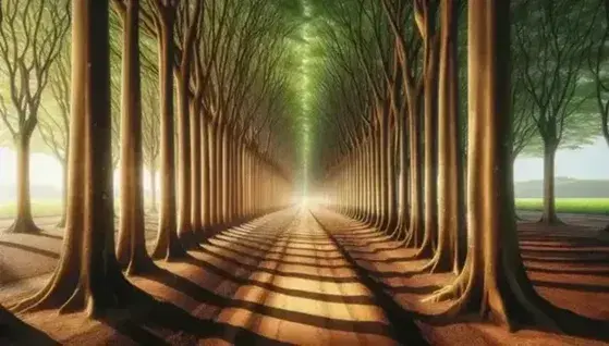 Sentiero terroso tra due file parallele di alberi rigogliosi con tronchi marroni e foglie verdi sotto un cielo azzurro.