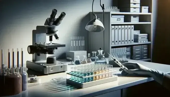 Laboratorio scientifico con microscopio elettronico grigio al centro, provette con liquidi colorati e mano con pipetta automatica.
