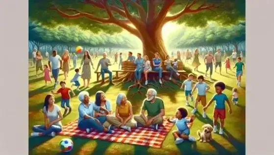 Grupo diverso disfrutando de un día soleado en el parque, con niños jugando, pareja en manta de picnic y adolescentes lanzando un frisbee.