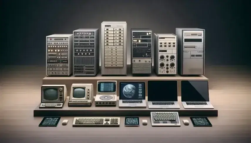 Evoluzione tecnologica dei computer, da un modello degli anni '40 a un tablet moderno, disposti in ordine cronologico su un tavolo chiaro.