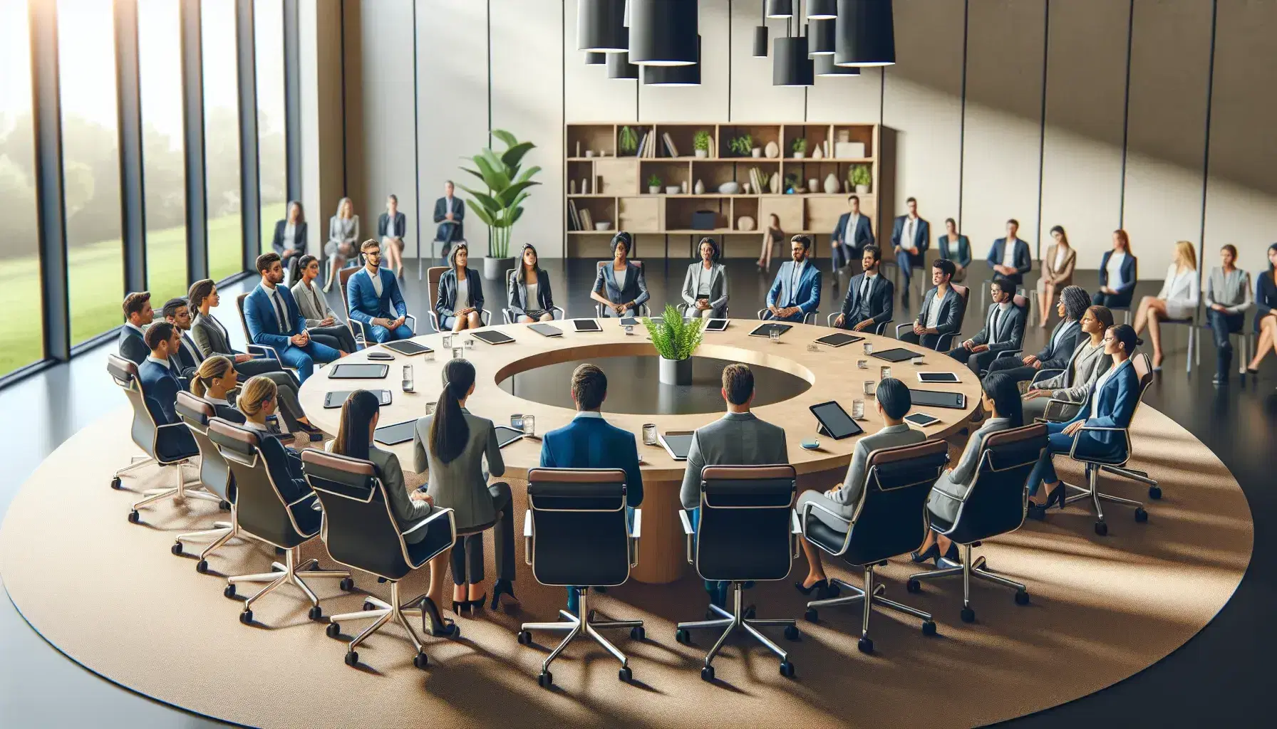 Grupo diverso de profesionales en reunión sentados en círculo alrededor de una mesa con dispositivos electrónicos, en una sala iluminada con ventana y planta de interior.