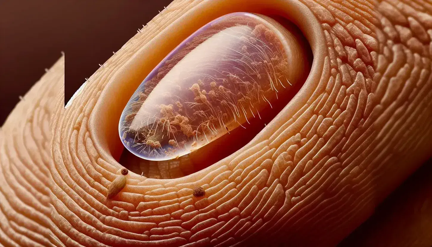 Primer plano de piel humana en el dorso de una mano con uña transparente, poro visible y mechón de cabello castaño claro.