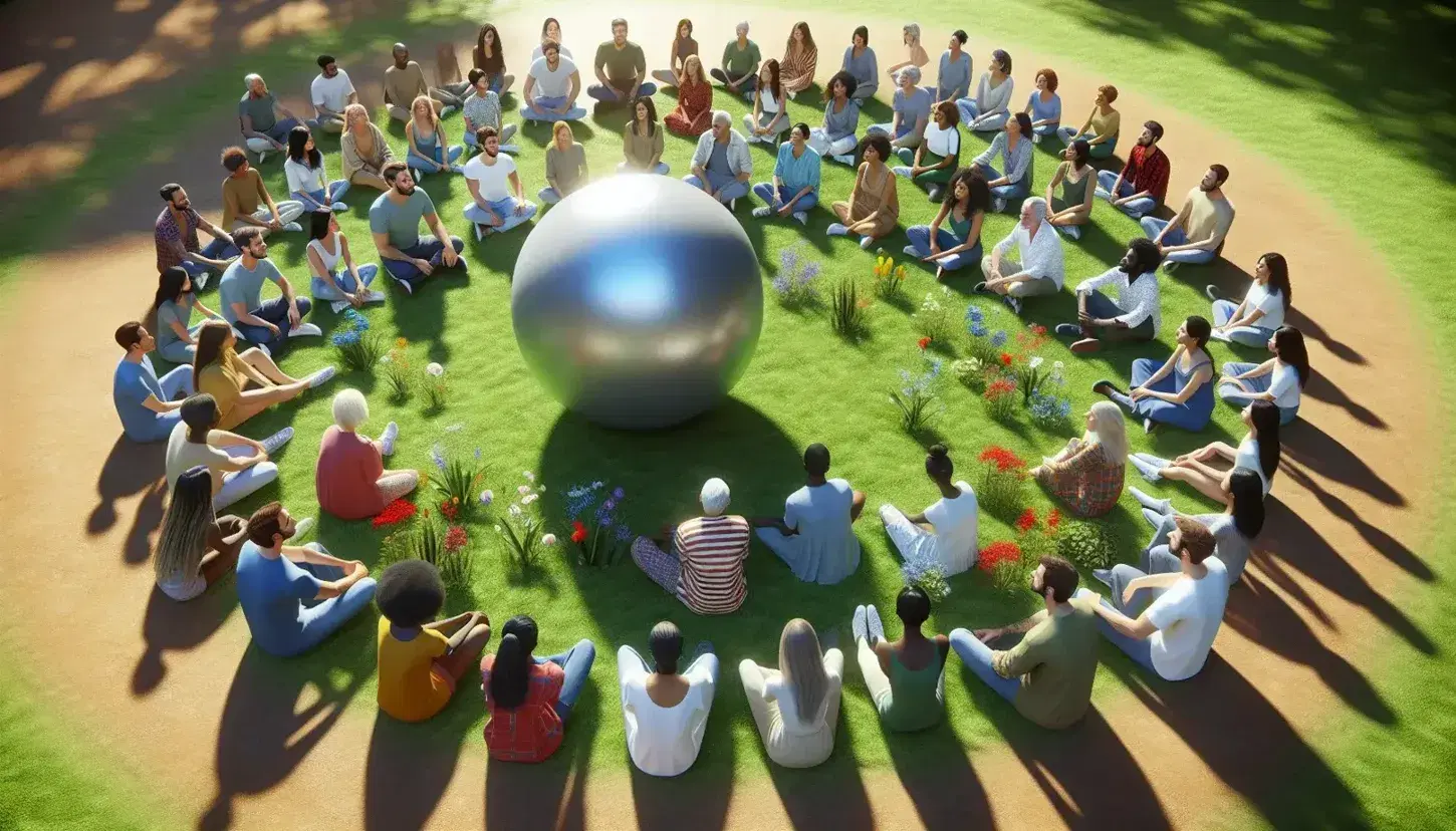 Grupo diverso de personas sentadas en círculo alrededor de una esfera de piedra en un parque, reflejando tranquilidad y unidad en la naturaleza.