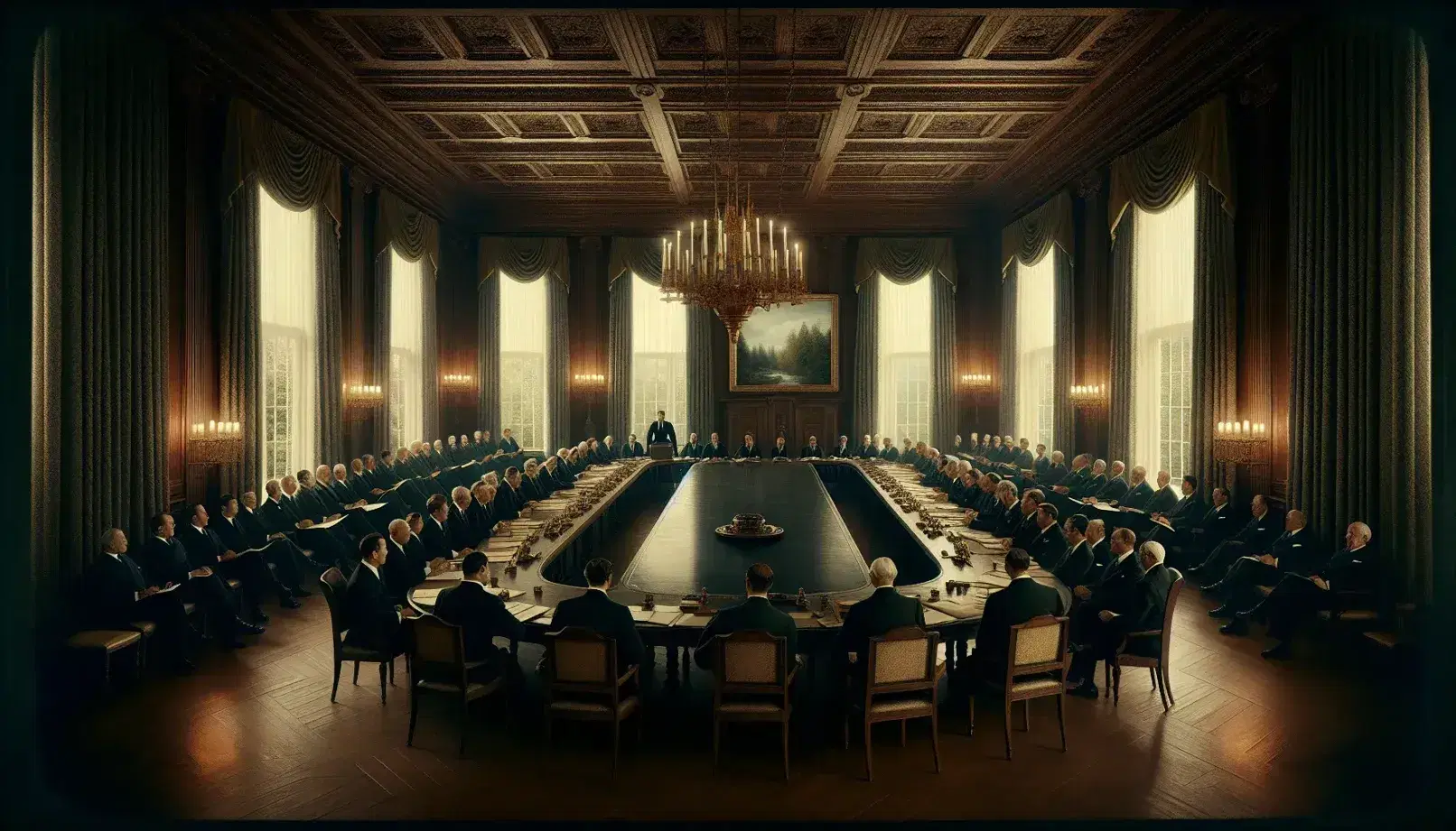 Historic meeting of delegates in 1940s clothing around an oval table in a room with a view of the woods, solemn atmosphere and soft lighting.