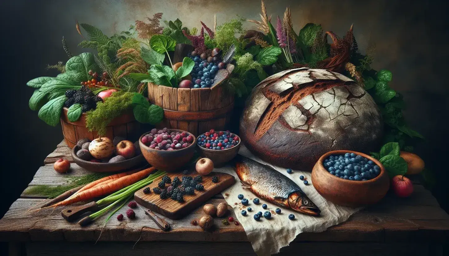 Rustic Viking meal on wooden table with dark rye bread, wild berries, leafy greens, smoked fish, root vegetables, and a wooden cup of dark liquid.