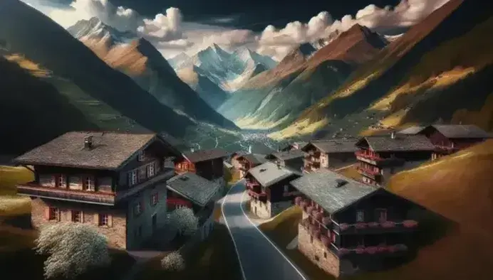 Vista panoramica di un paesaggio montano con case tradizionali, strada serpeggiante e cime innevate sotto un cielo azzurro con nuvole.