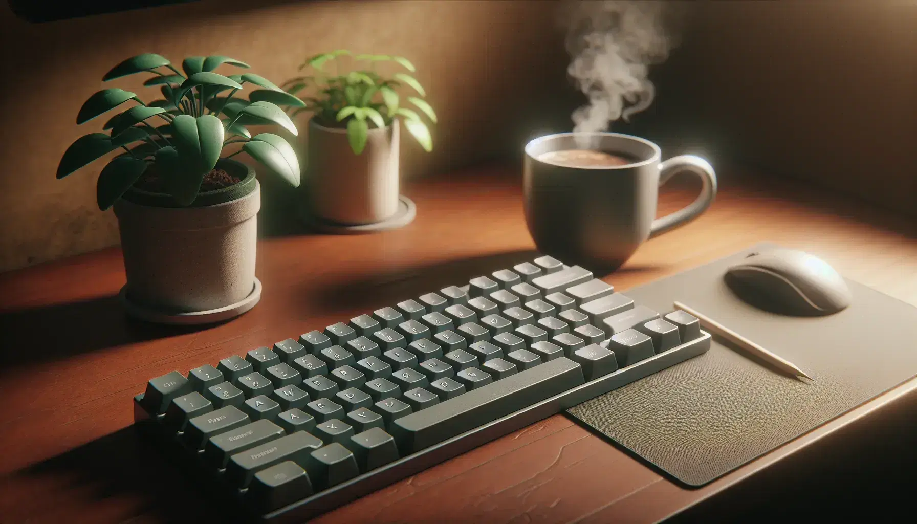 Close-up of a computer keyboard on wooden background with cup of steaming coffee and green plant, serene working environment.