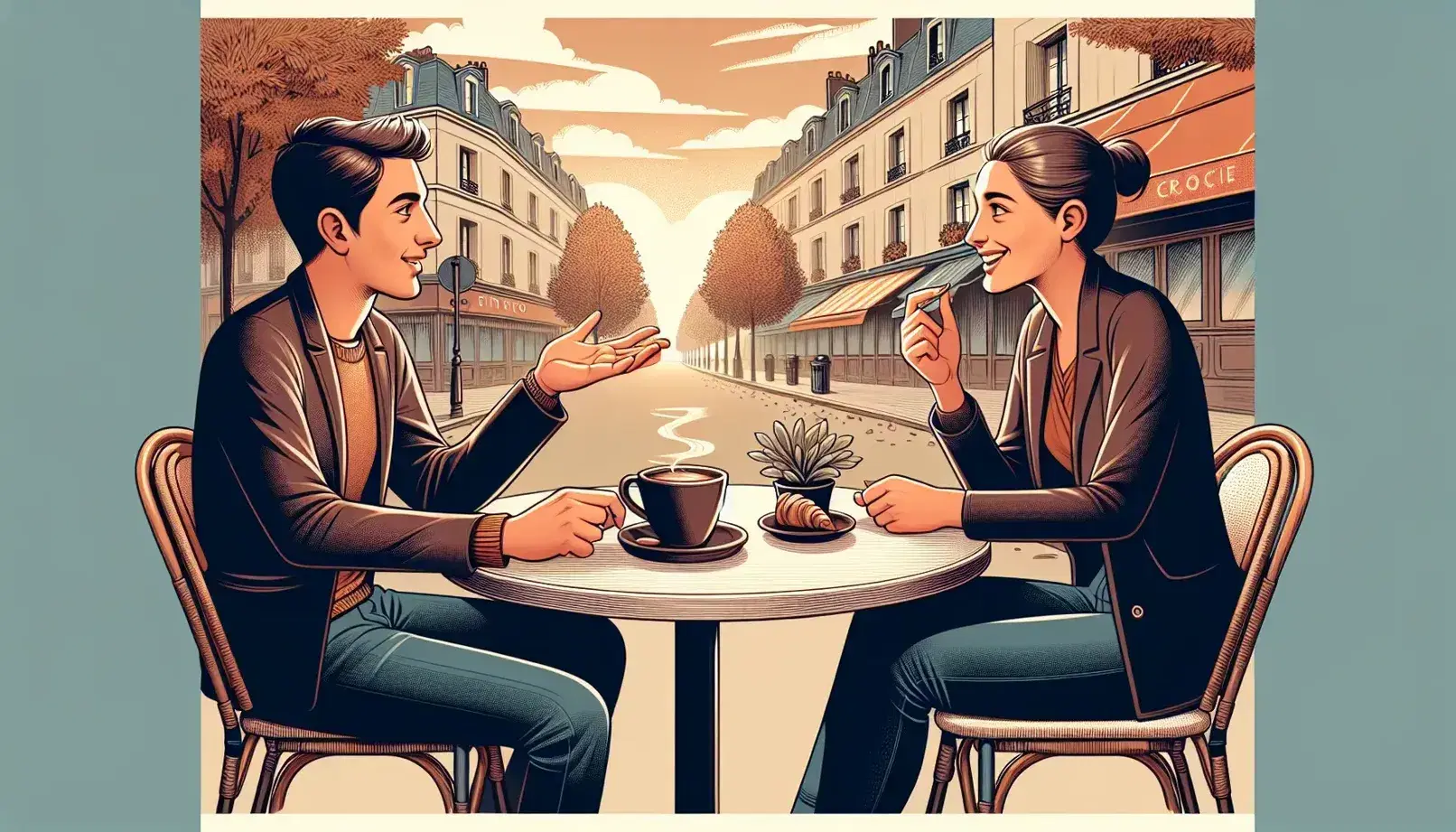 Two people engaged in a friendly conversation at a café table with a croissant and coffee, set against a soft-focus French bistro backdrop.