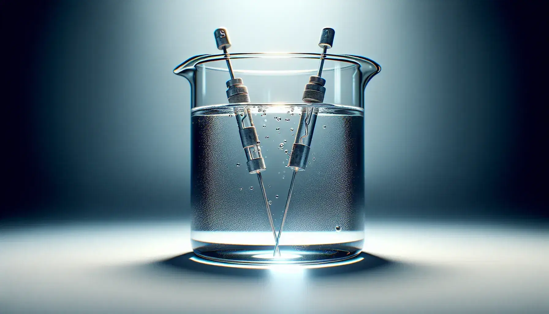 Transparent glass beaker with colorless liquid and immersed metal electrodes producing bubbles, on a white surface with a gray background.