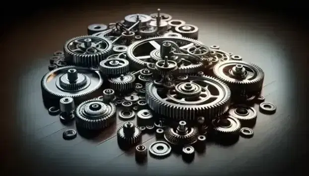 Ingranaggi meccanici metallici intrecciati di varie dimensioni su sfondo neutro, con riflessi e ombre che evidenziano la loro tridimensionalità.