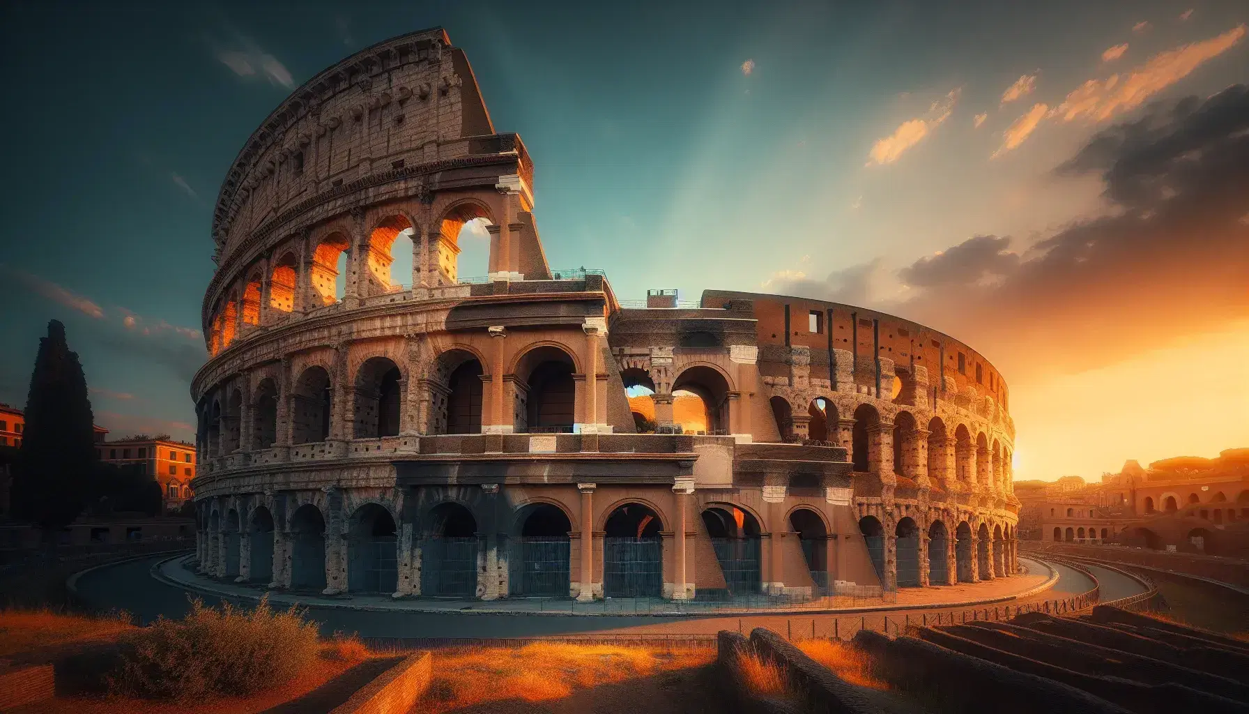 Colosseo di Roma illuminato dalla luce dorata del tramonto con cielo sfumato blu-arancio, evidenziando archi e texture antiche.