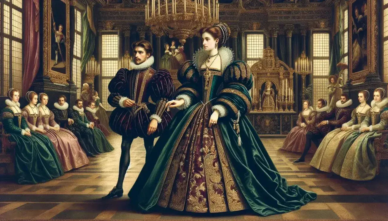 Renaissance ballroom scene with elegantly dressed nobles, a woman in a green gold-brocaded gown, a man in a burgundy velvet doublet, and musicians playing in the background.