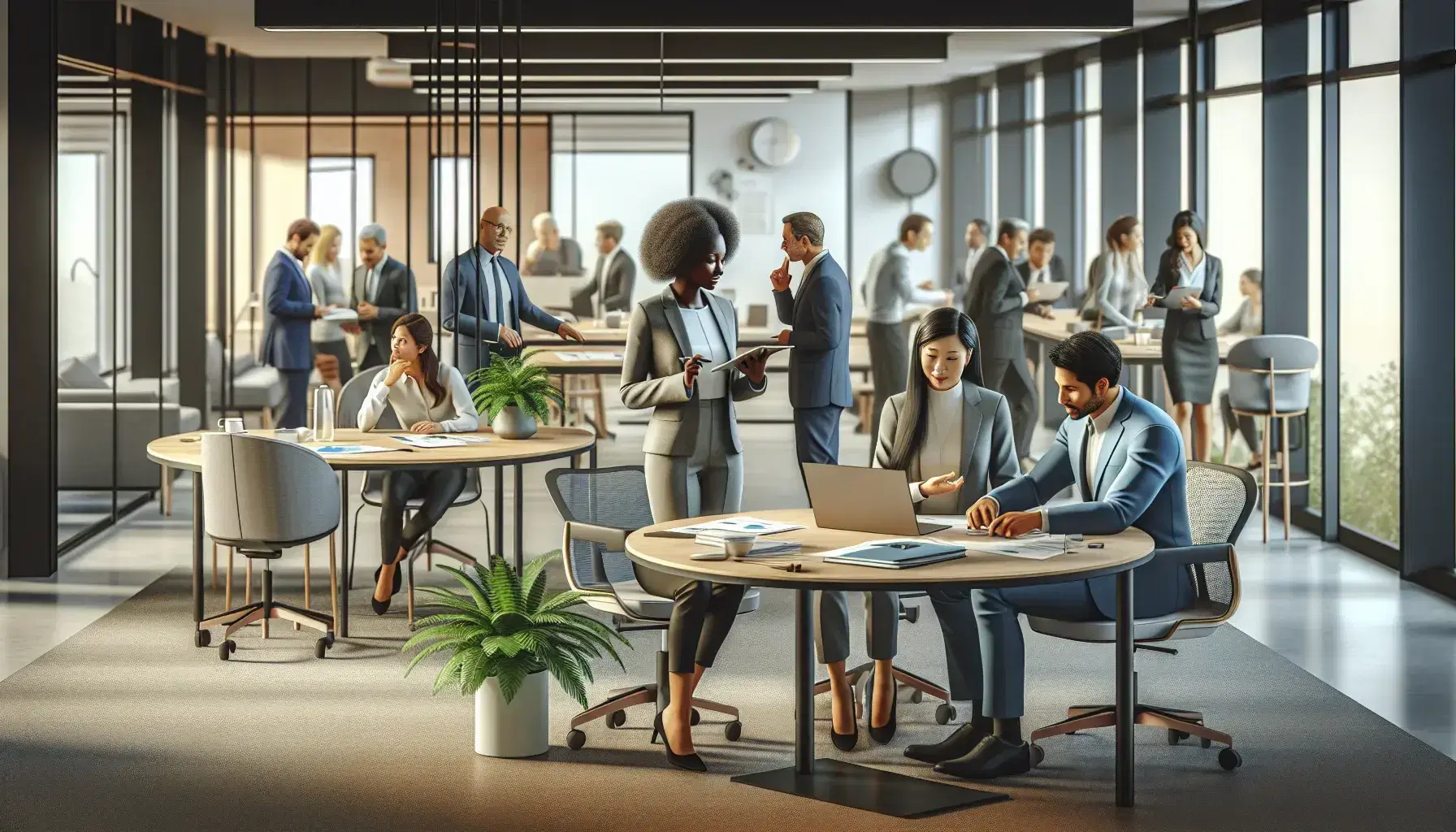 Modern office environment with multicultural group of collaborating professionals, African American woman explaining to colleagues, tidy desk, natural light.