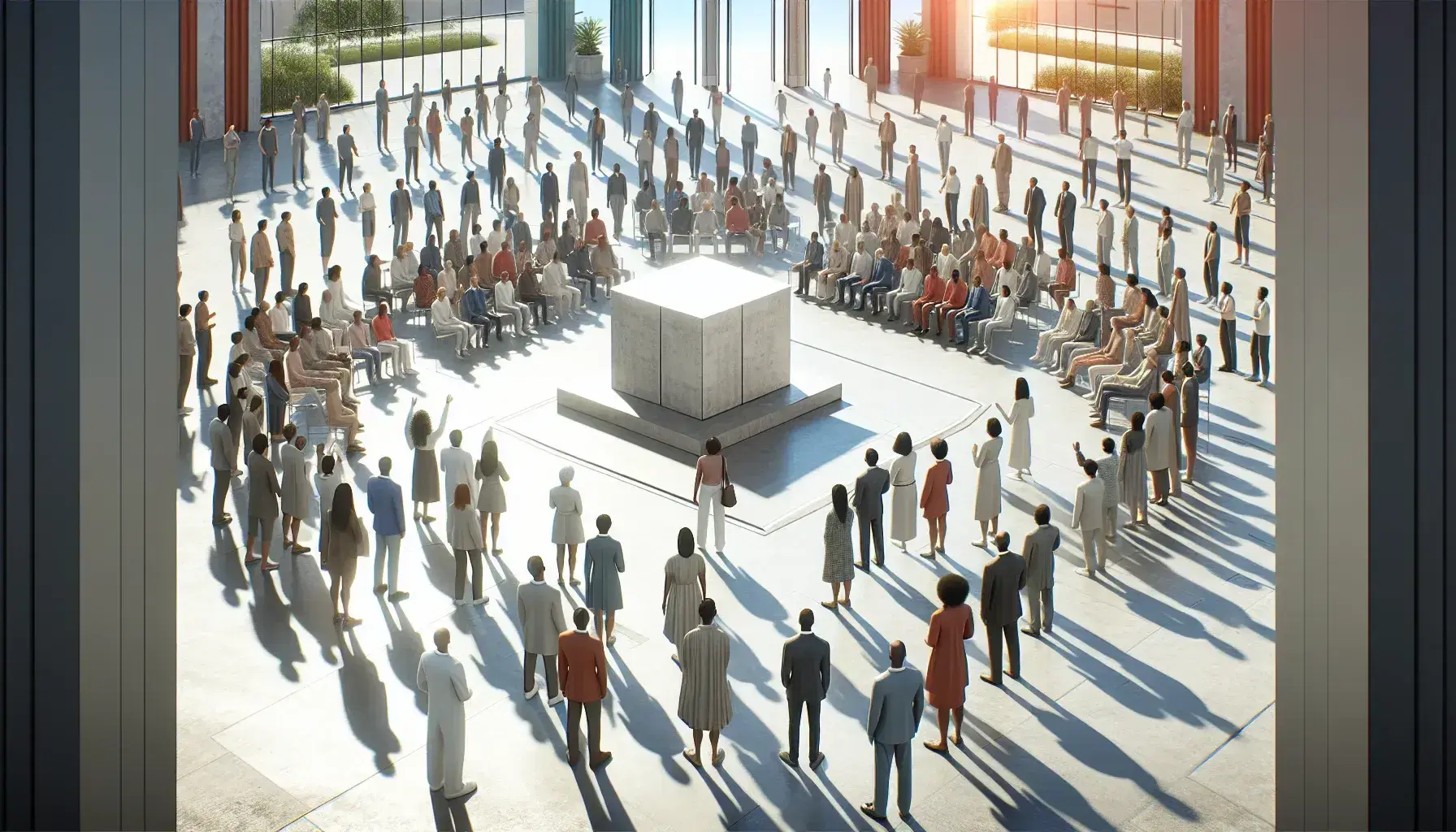 Grupo diverso de personas en semicírculo alrededor de un podio en un espacio abierto, participando en una votación o discusión bajo un cielo despejado.