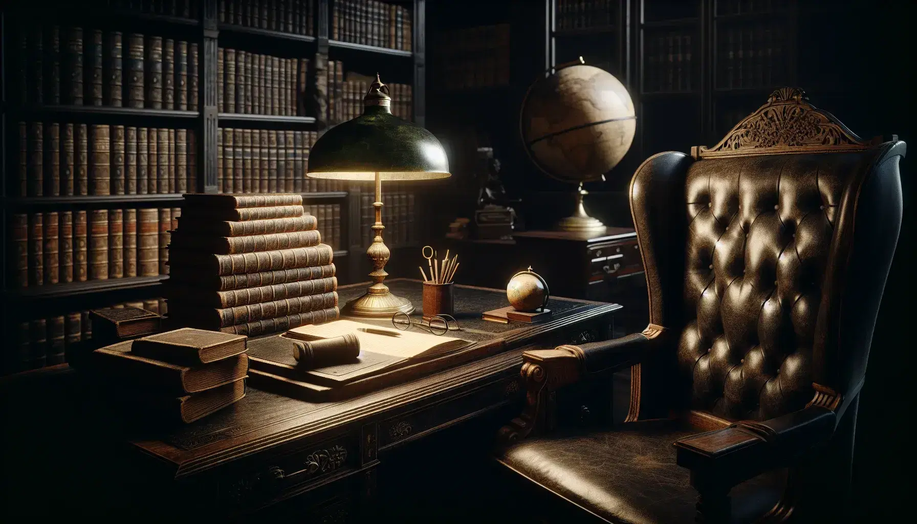Classic study in late 19th century style with dark wood desk, brass lamp, padded armchair, globe and bookcase full of bound volumes.