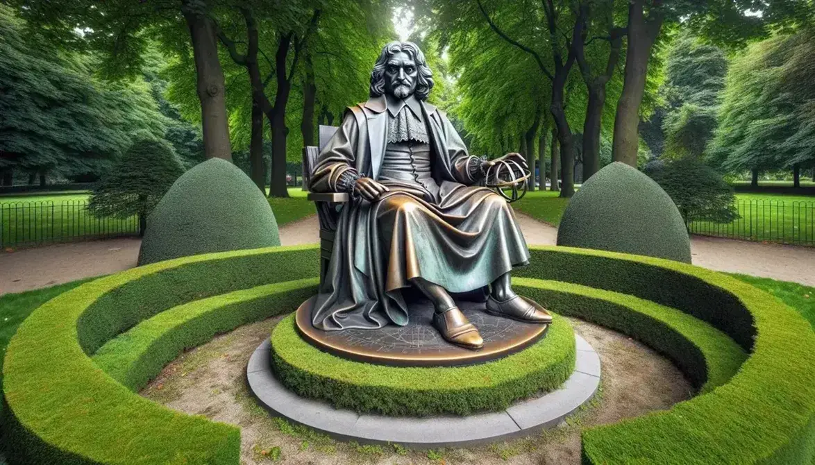 Estatua de bronce de René Descartes sentado con un compás en la mano derecha y un libro en la izquierda, sobre pedestal de piedra en parque verde.