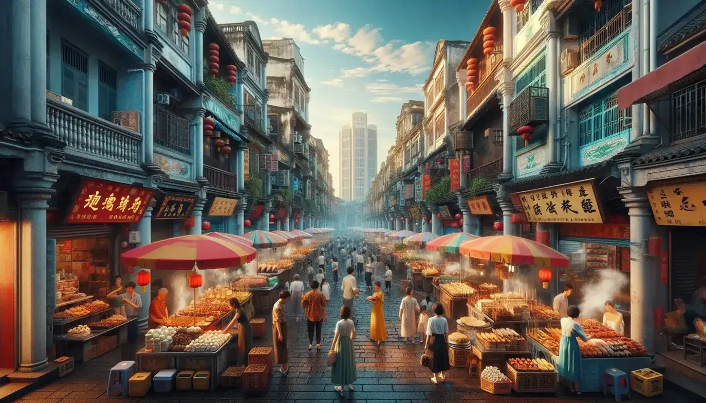 Bustling Liwan District street with traditional Chinese food stalls, steamed buns, dumplings, skewered meats, and historical shophouses under a clear blue sky.