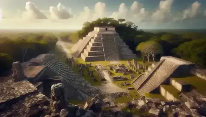 Vista panorámica de ruinas mesoamericanas con pirámide escalonada, columnas rotas y estatua de piedra en un entorno selvático.