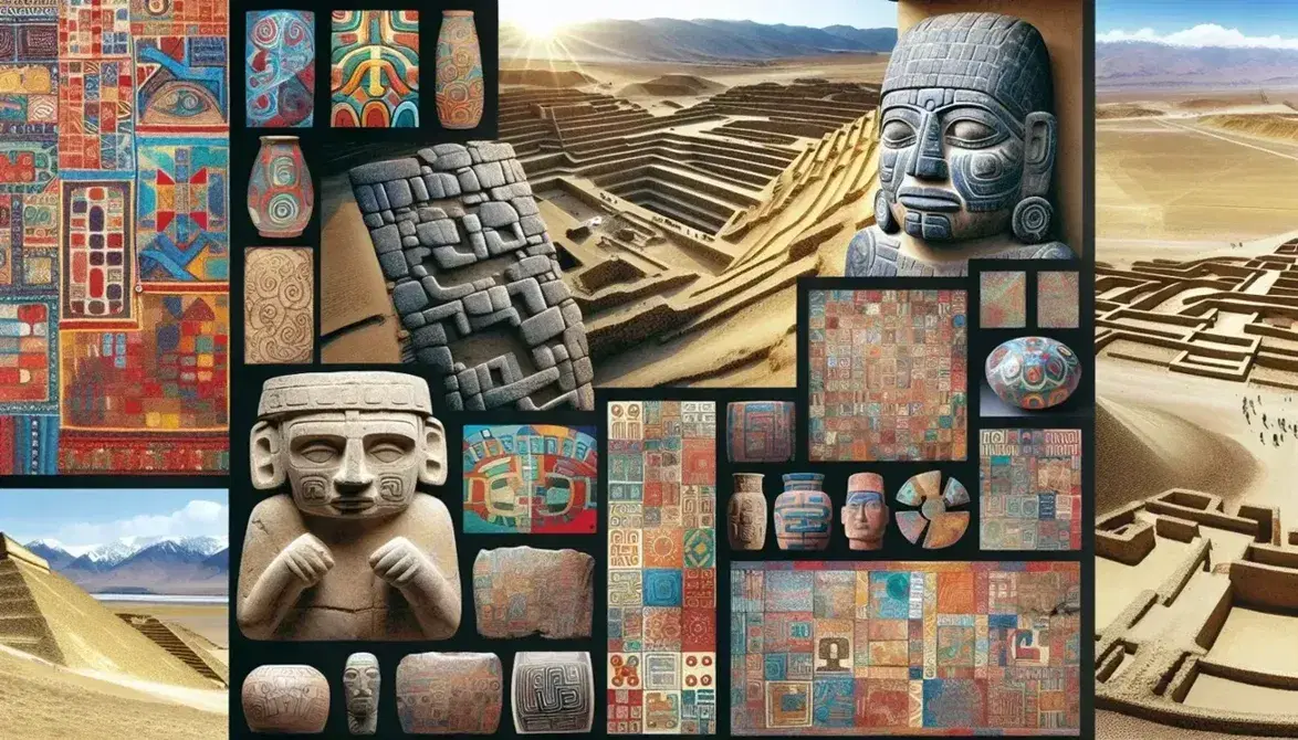 Composición fotográfica de artefactos precolombinos con estatua Chavín, textil Paracas, cerámica Mochica, líneas de Nazca, ruinas Chimú, cerámica Tiwanaku e ingeniería Inca.