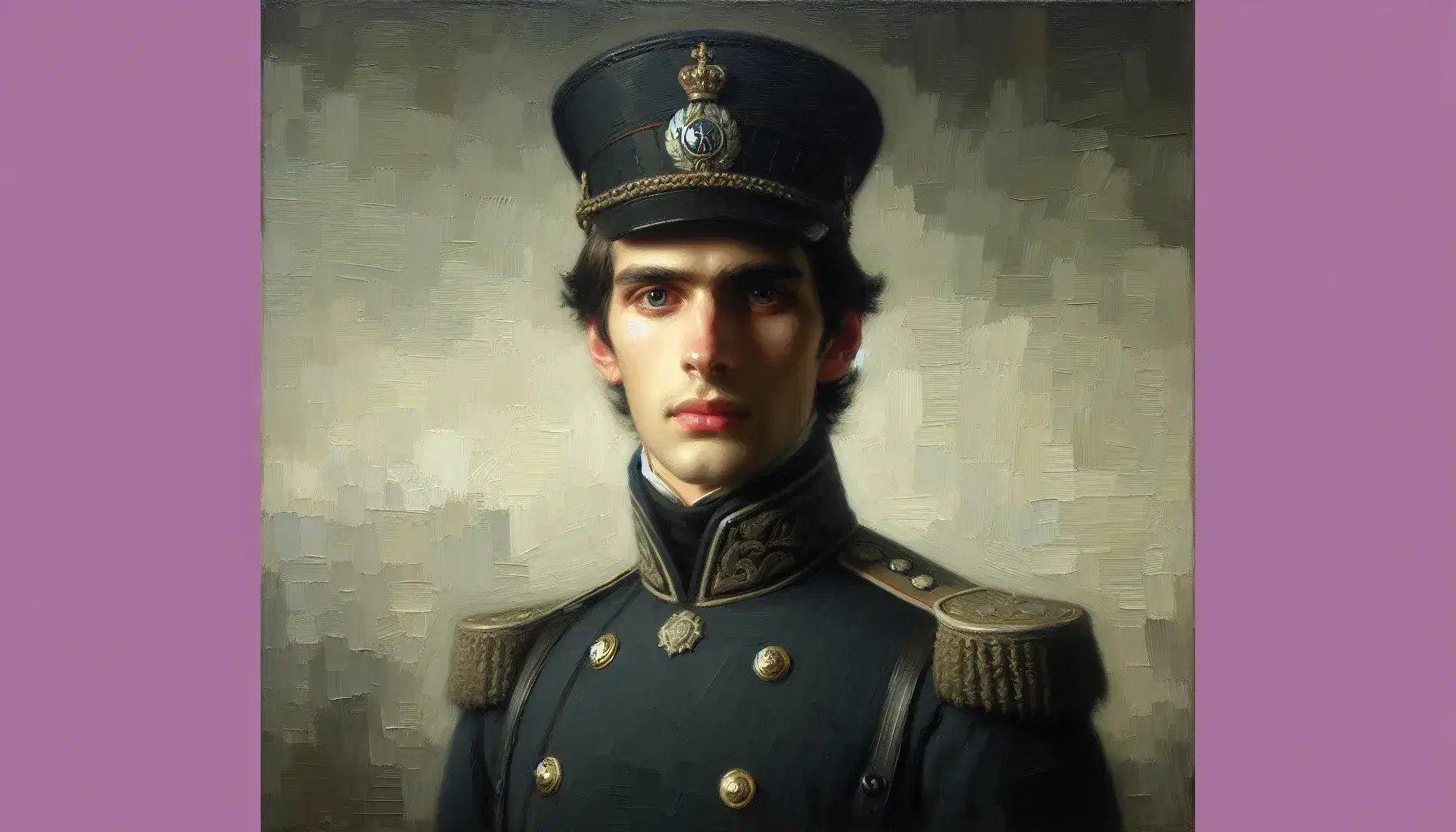 Ritratto a olio di storico militare russo in uniforme blu scuro con bottoni dorati, camicia bianca, cappello nero e sguardo autoritario.