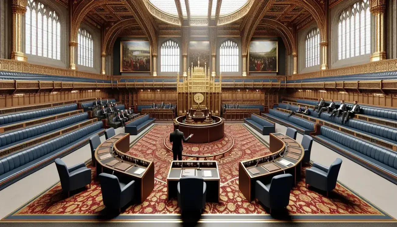 Parliamentary hall with a modern wooden podium on a red and gold carpet, navy blue chairs in a semicircle, and a person delivering a speech.