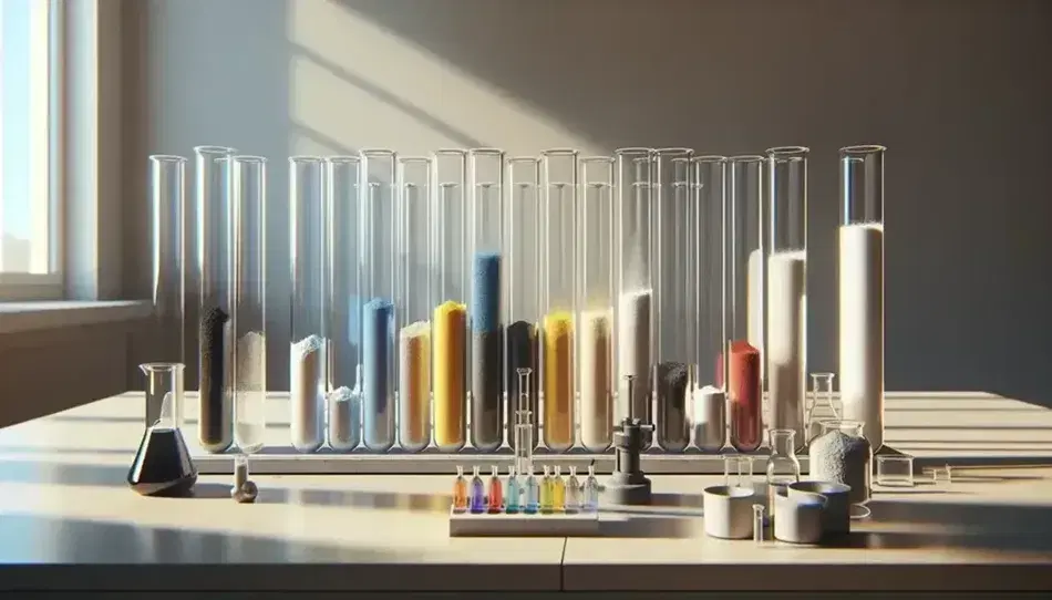 Serie di provette in vetro con sostanze colorate in laboratorio chimico, ordinate per altezza su banco di legno con luce naturale.