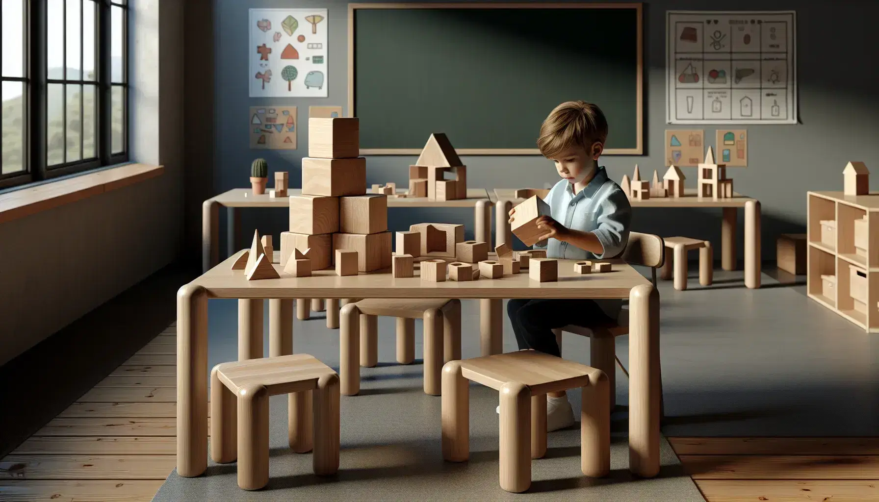 Niño de seis años jugando con bloques de madera en una mesa en un aula iluminada por luz natural, con pizarra verde y carteles coloridos al fondo.