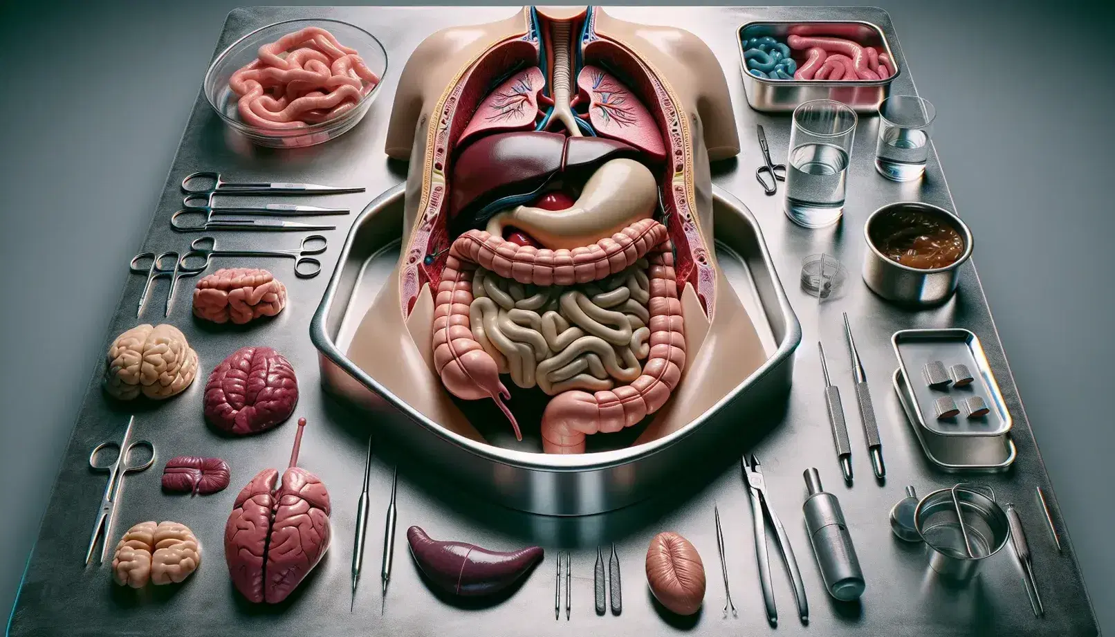 Dissection laboratory with steel table and plastic model of the human digestive system, surgical instruments and transparent beaker.