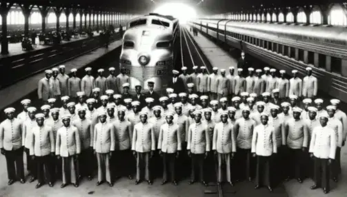 Group of uniformed African-American waiters in front of a passenger train, posing on a railway platform in a historic black and white photo.