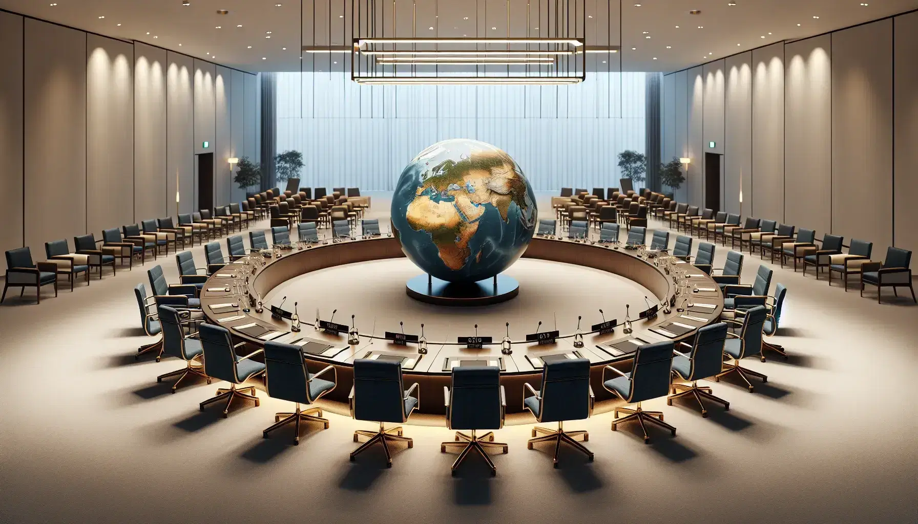 Sala conferenze internazionale vuota con sedie blu, tavoli in legno chiaro e globo centrale, illuminazione soffusa e pianta verde.